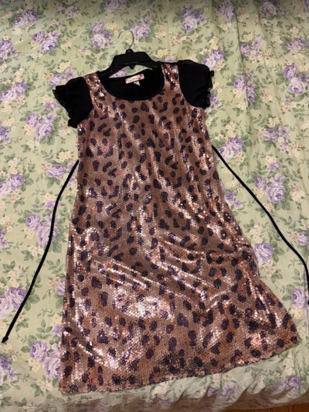 Girls Sequin Sparkly Cheetah Print Dress Kids SZ 16 Black Lace Puff Sleeves
